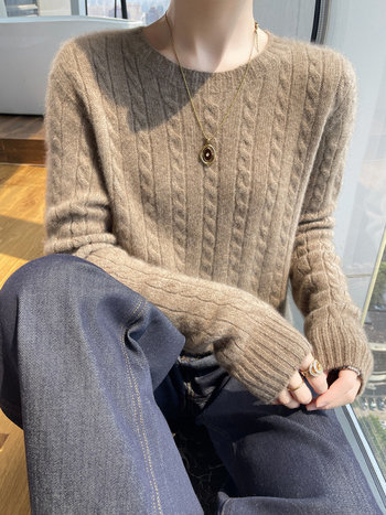 Ženski debeli vuneni džemper s kabelskim uzorkom, okrugli izrez, uski kroj, za jesen i zimu