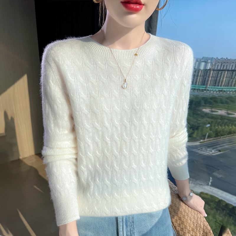 Pulover tricotat din lână cu model torsadă, guler rotund, croială lejeră — Primăvara 2025, 95%+ lână