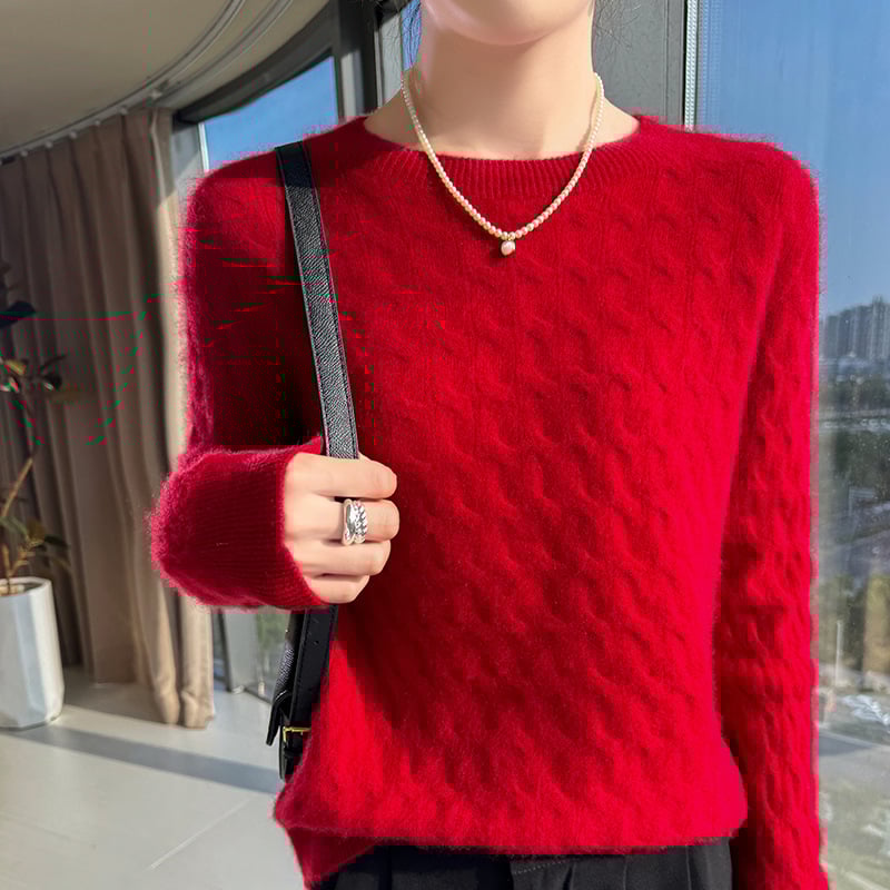 Pulover tricotat din lână cu model torsadă, guler rotund, croială lejeră — Primăvara 2025, 95%+ lână