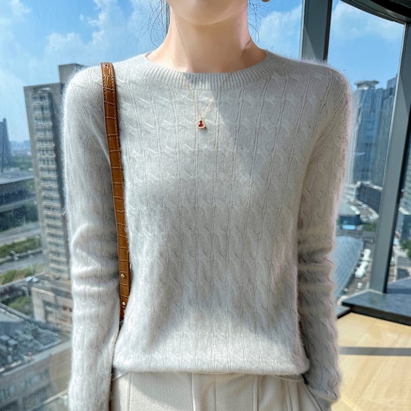 Pulover tricotat din lână cu model torsadă, guler rotund, croială lejeră — Primăvara 2025, 95%+ lână