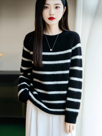 Pulover tricotat din lână pură pentru femei, cu dungi și bloc de culoare, croială lejeră, mâneci lungi, guler rotund, 95% lână+