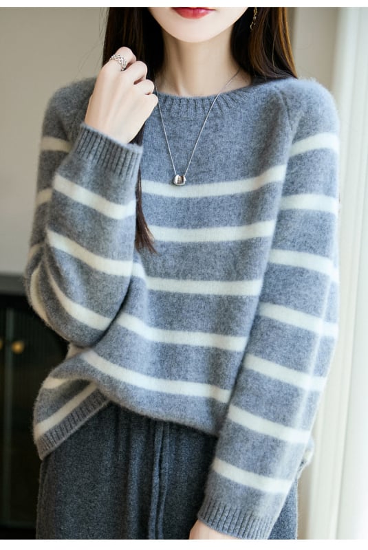 Pulover tricotat din lână pură pentru femei, cu dungi și bloc de culoare, croială lejeră, mâneci lungi, guler rotund, 95% lână+