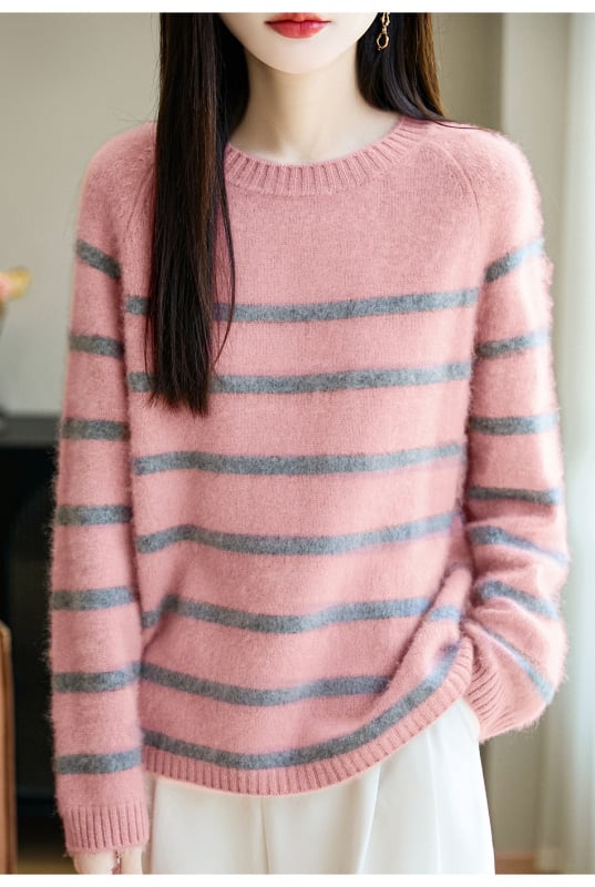 Pulover tricotat din lână pură pentru femei, cu dungi și bloc de culoare, croială lejeră, mâneci lungi, guler rotund, 95% lână+