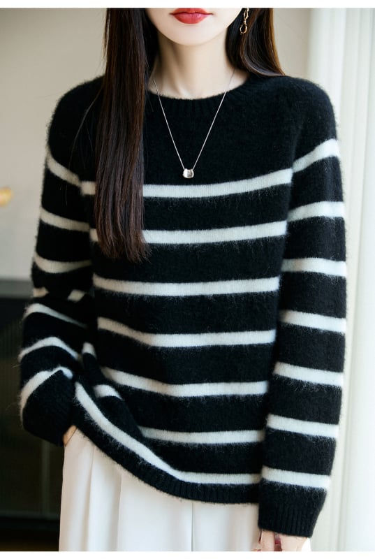 Pulover tricotat din lână pură pentru femei, cu dungi și bloc de culoare, croială lejeră, mâneci lungi, guler rotund, 95% lână+