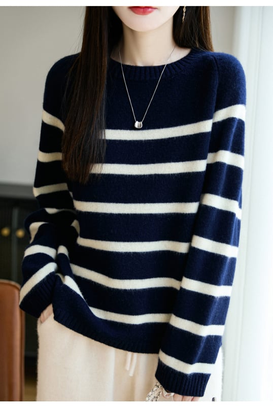 Pulover tricotat din lână pură pentru femei, cu dungi și bloc de culoare, croială lejeră, mâneci lungi, guler rotund, 95% lână+