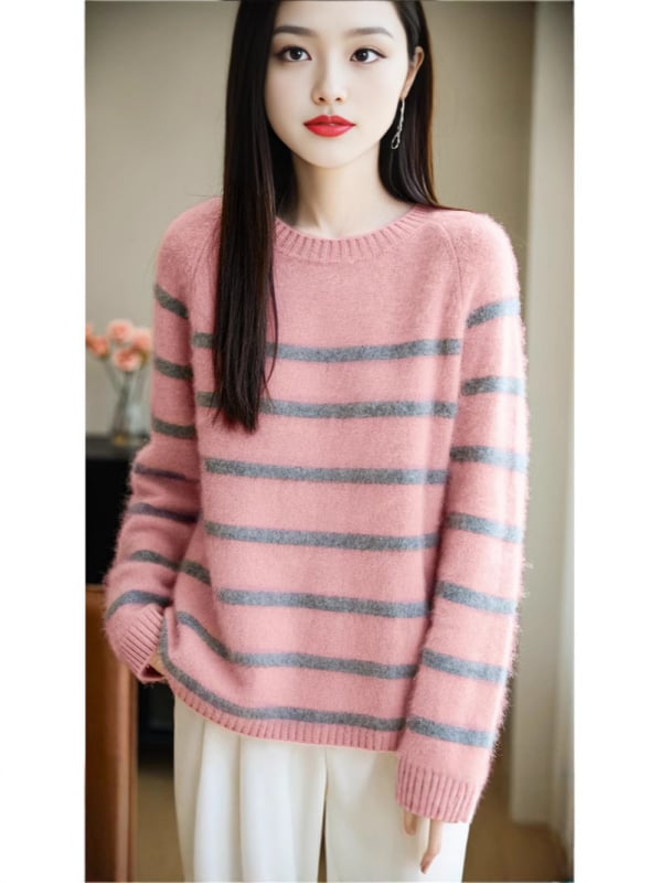 Pulover tricotat din lână pură pentru femei, cu dungi și bloc de culoare, croială lejeră, mâneci lungi, guler rotund, 95% lână+