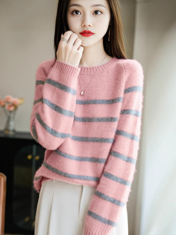 Pulover tricotat din lână pură pentru femei, cu dungi și bloc de culoare, croială lejeră, mâneci lungi, guler rotund, 95% lână+