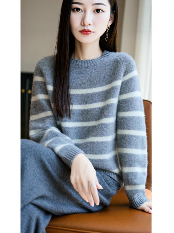Pulover tricotat din lână pură pentru femei, cu dungi și bloc de culoare, croială lejeră, mâneci lungi, guler rotund, 95% lână+