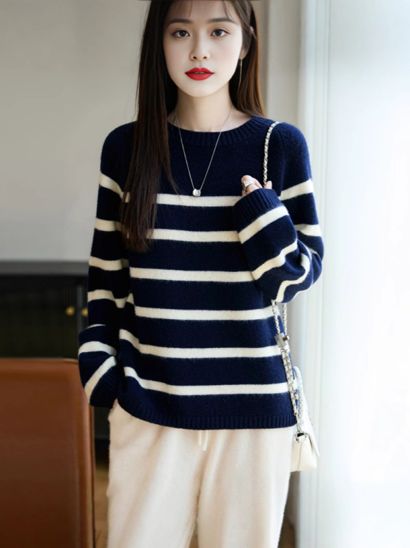Pulover tricotat din lână pură pentru femei, cu dungi și bloc de culoare, croială lejeră, mâneci lungi, guler rotund, 95% lână+