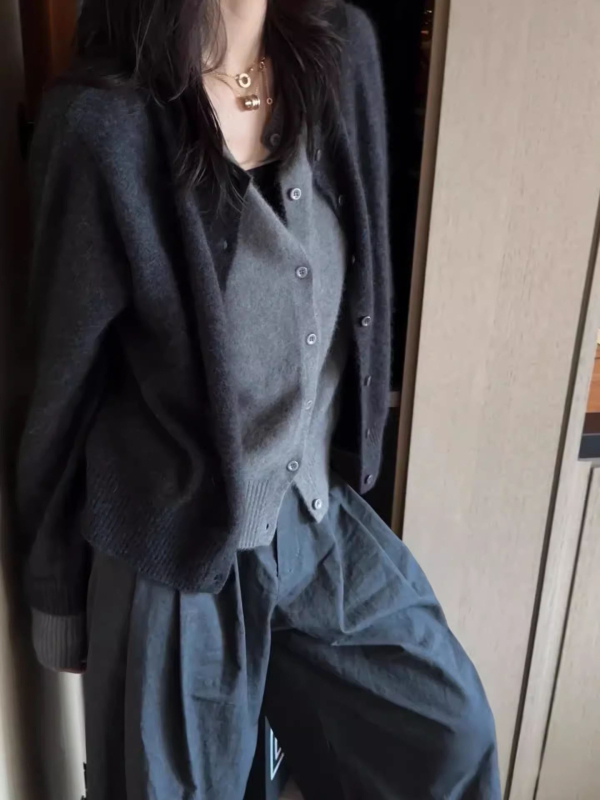Merino vuna kardigan za jesen-zimu, debeo pletenje, dugi rukavi, okrugli ovratnik, ležeran kroj