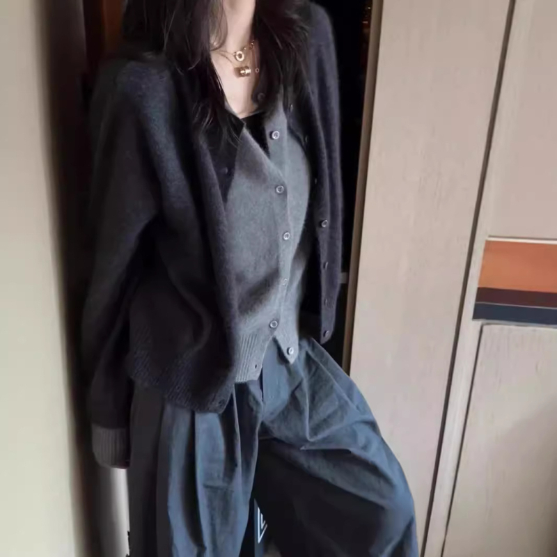 Merino vuna kardigan za jesen-zimu, debeo pletenje, dugi rukavi, okrugli ovratnik, ležeran kroj