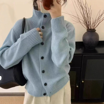 Cardigan din lână pentru femei, guler înalt, croială lejeră, gros, închidere cu nasturi pe un singur rând, toamnă 2025