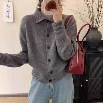 Cardigan din lână pentru femei, guler înalt, croială lejeră, gros, închidere cu nasturi pe un singur rând, toamnă 2025
