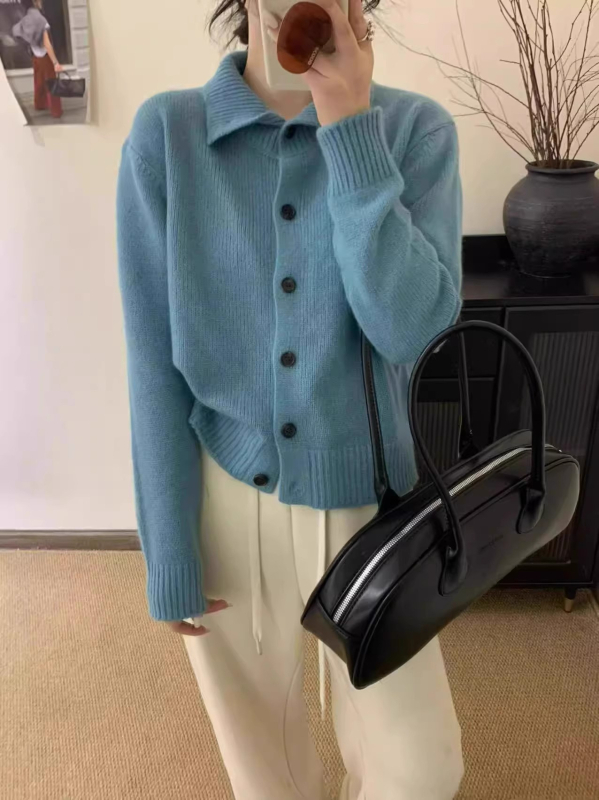 Cardigan din lână pentru femei, guler înalt, croială lejeră, gros, închidere cu nasturi pe un singur rând, toamnă 2025