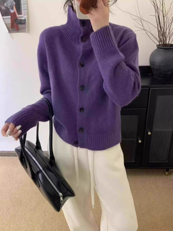 Cardigan din lână pentru femei, guler înalt, croială lejeră, gros, închidere cu nasturi pe un singur rând, toamnă 2025