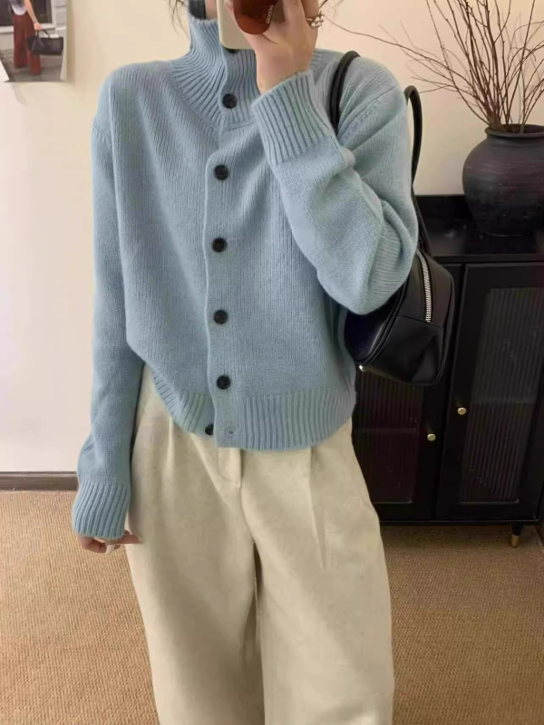 Cardigan din lână pentru femei, guler înalt, croială lejeră, gros, închidere cu nasturi pe un singur rând, toamnă 2025