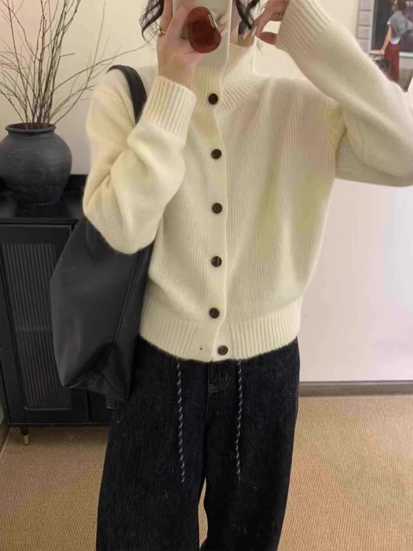 Cardigan din lână pentru femei, guler înalt, croială lejeră, gros, închidere cu nasturi pe un singur rând, toamnă 2025