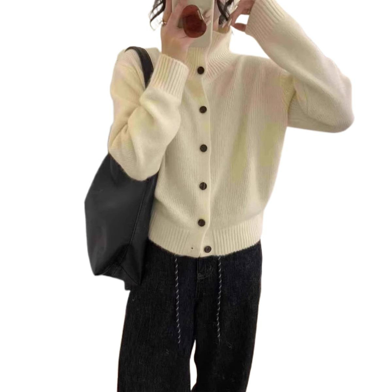 Cardigan din lână pentru femei, guler înalt, croială lejeră, gros, închidere cu nasturi pe un singur rând, toamnă 2025