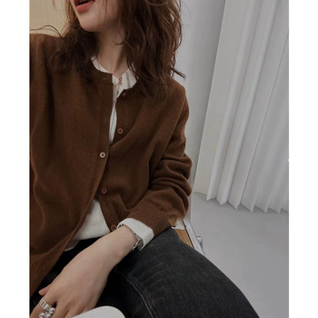 Cardigan tricotat din lână, Color-Blocking, design faux două piese, croială lejeră, guler polo