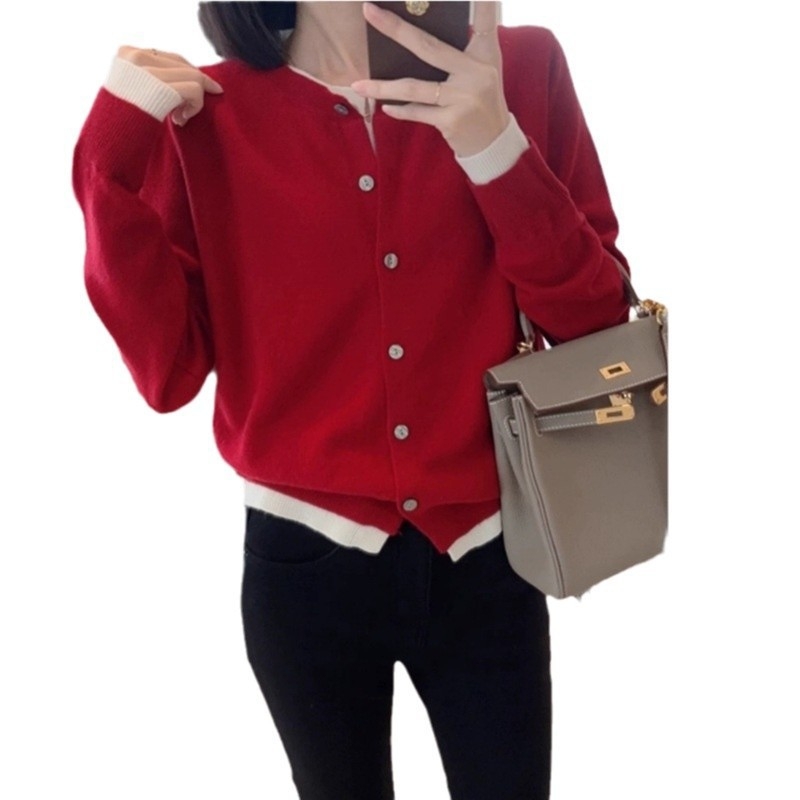 Cardigan tricotat din lână, Color-Blocking, design faux două piese, croială lejeră, guler polo