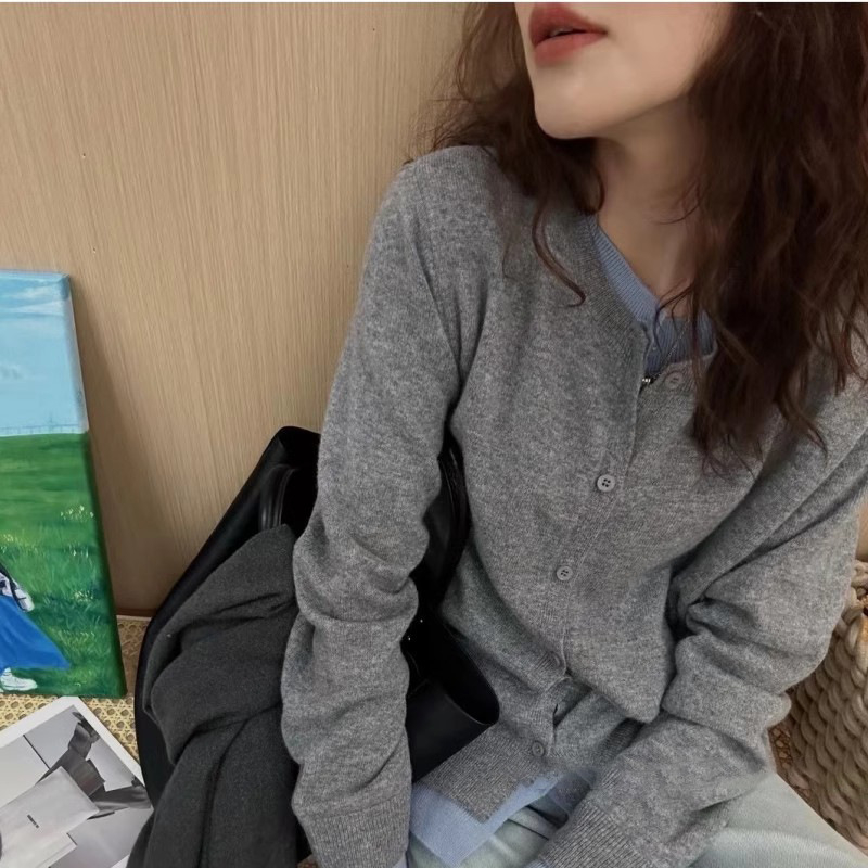 Cardigan tricotat din lână, Color-Blocking, design faux două piese, croială lejeră, guler polo