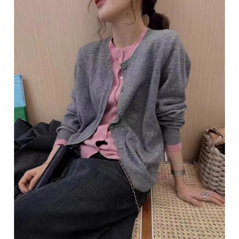 Cardigan tricotat din lână, Color-Blocking, design faux două piese, croială lejeră, guler polo