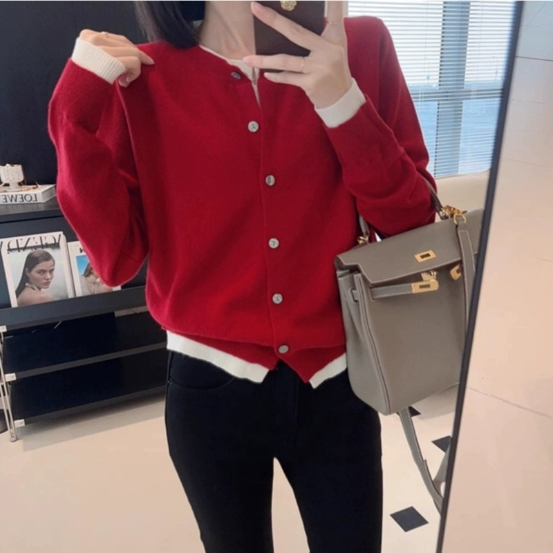 Cardigan tricotat din lână, Color-Blocking, design faux două piese, croială lejeră, guler polo