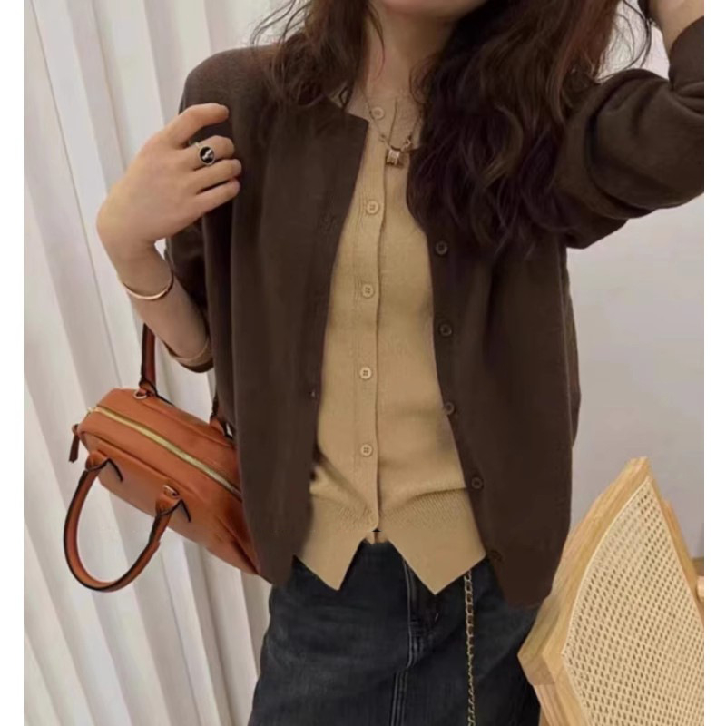 Cardigan tricotat din lână, Color-Blocking, design faux două piese, croială lejeră, guler polo