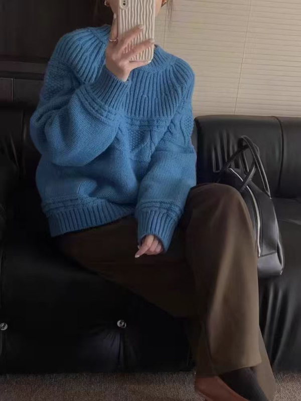 Ženski vuneni pulover s okruglim izrezom za jesen/zimu, širok udoban kroj, jednobojni pleteni top