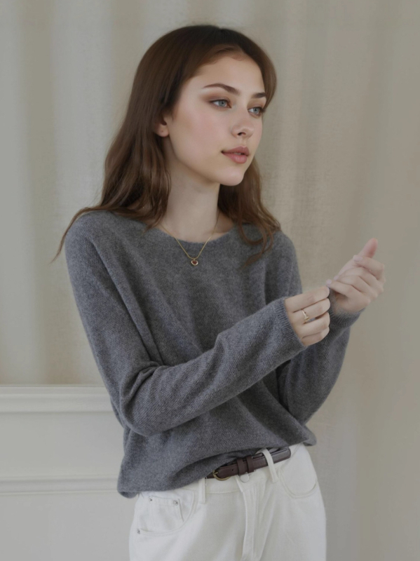 Džemper od kašmira i Mulberry svile, dugi rukavi, okrugli ovratnik, elegantan gradski stil, jesen 2025
