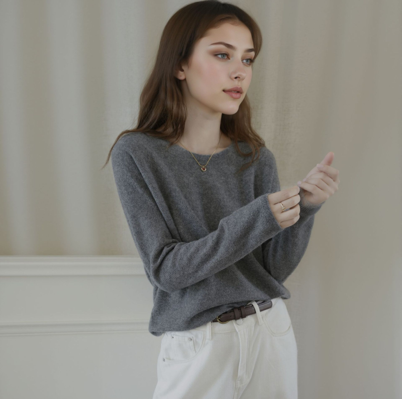 Džemper od kašmira i Mulberry svile, dugi rukavi, okrugli ovratnik, elegantan gradski stil, jesen 2025
