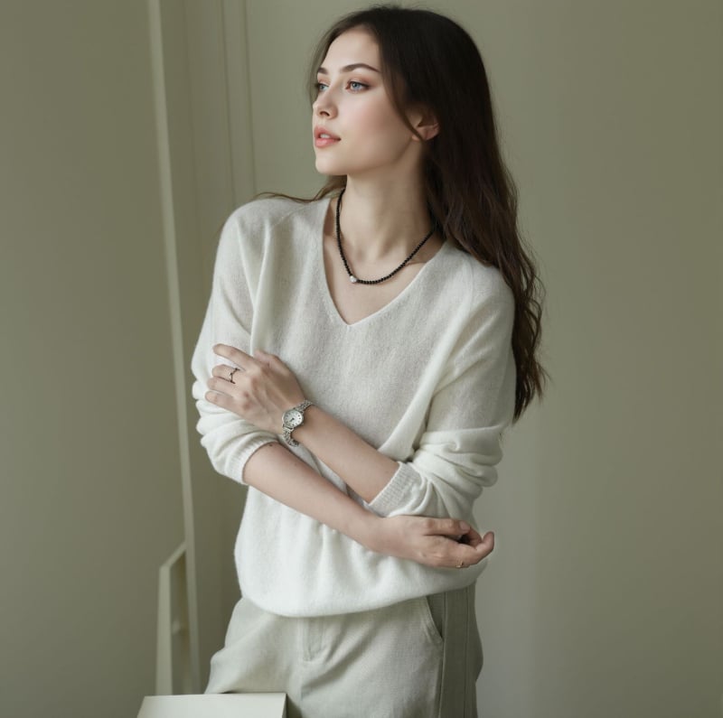 Πουλόβερ από κασμίρ με μείγμα μεταξιού Mulberry, γιακάς με στρώσεις, μακριά μανίκια, μήκος κανονικό 50–65 εκ