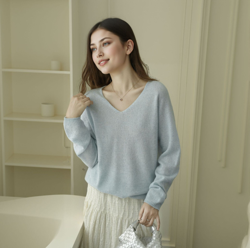 Πουλόβερ από κασμίρ με μείγμα μεταξιού Mulberry, γιακάς με στρώσεις, μακριά μανίκια, μήκος κανονικό 50–65 εκ