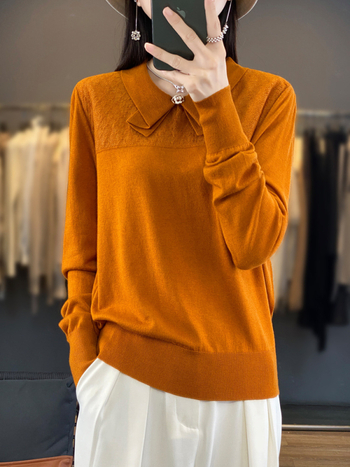 Pulover din cașmir cu guler rever și funda, mâneci lungi, lungime normală