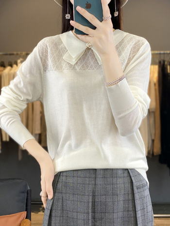 Pulover din cașmir cu guler rever și funda, mâneci lungi, lungime normală