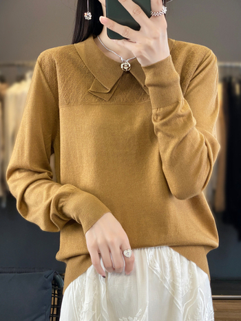 Pulover din cașmir cu guler rever și funda, mâneci lungi, lungime normală