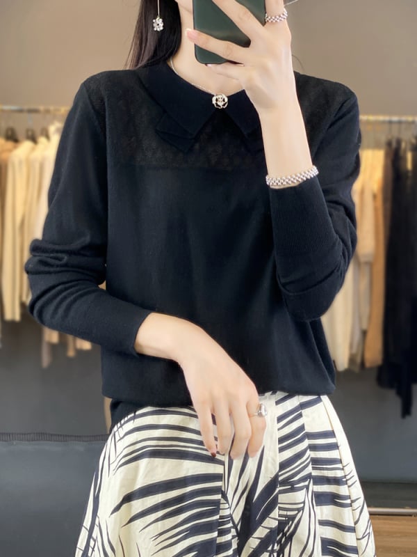 Pulover din cașmir cu guler rever și funda, mâneci lungi, lungime normală