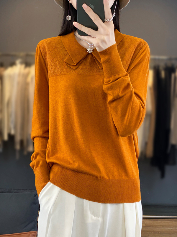 Pulover din cașmir cu guler rever și funda, mâneci lungi, lungime normală