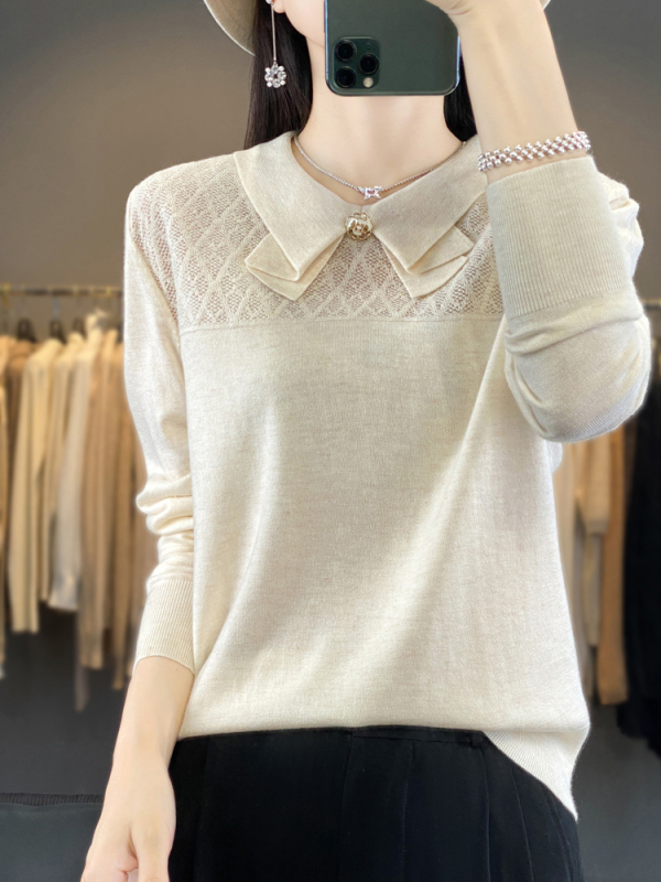 Pulover din cașmir cu guler rever și funda, mâneci lungi, lungime normală