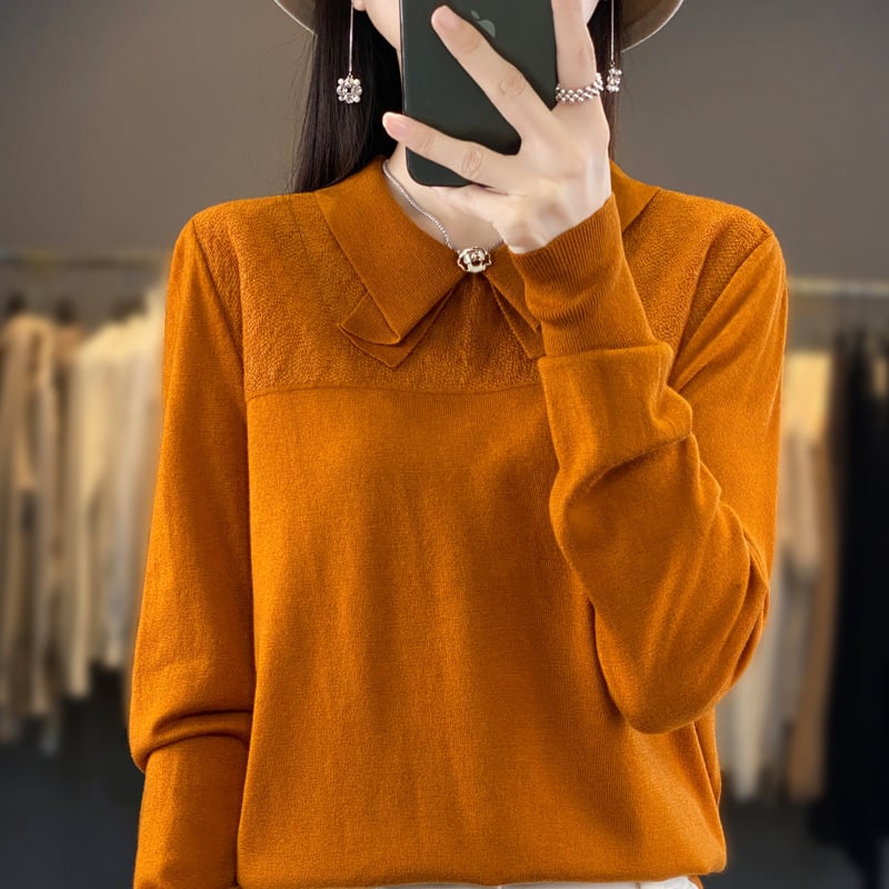 Pulover din cașmir cu guler rever și funda, mâneci lungi, lungime normală