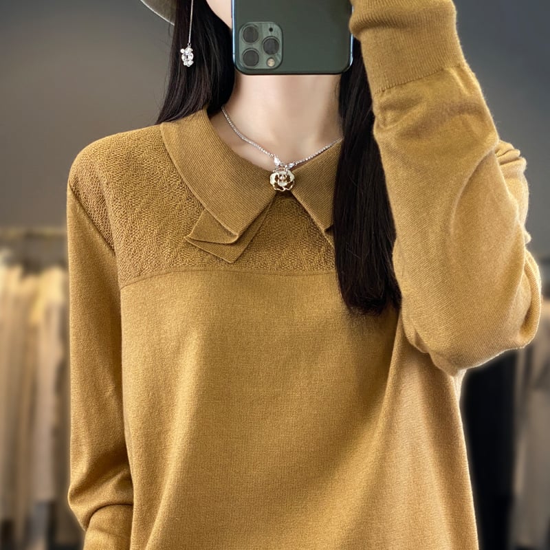 Pulover din cașmir cu guler rever și funda, mâneci lungi, lungime normală