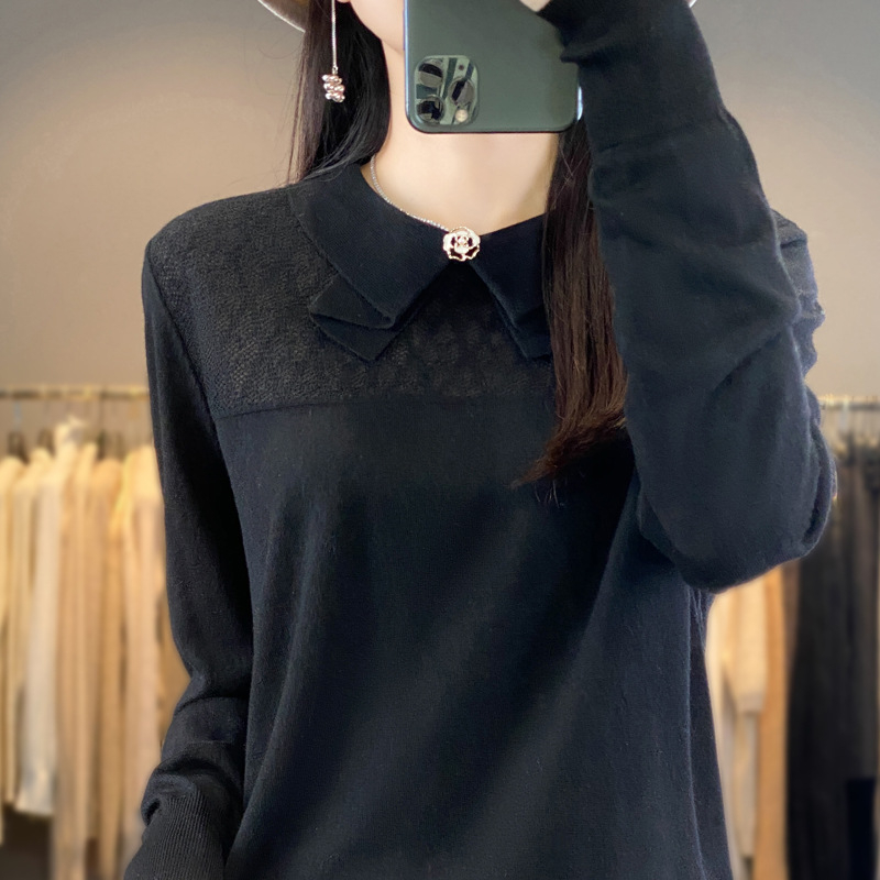 Pulover din cașmir cu guler rever și funda, mâneci lungi, lungime normală