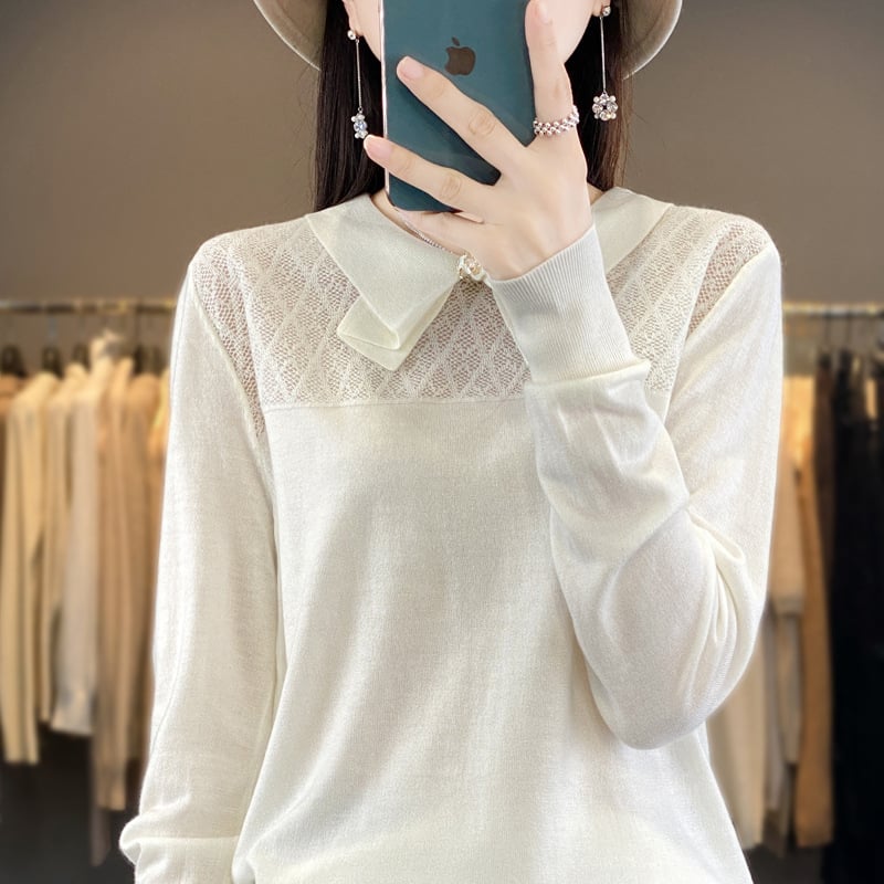 Pulover din cașmir cu guler rever și funda, mâneci lungi, lungime normală