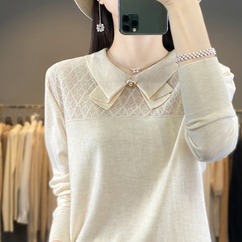 Pulover din cașmir cu guler rever și funda, mâneci lungi, lungime normală