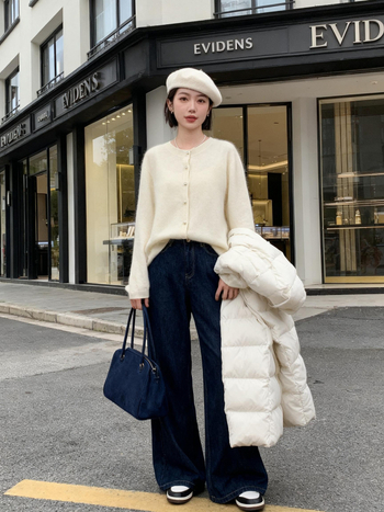 Ženski kardigan od vune i kašamira, brushed tekstura, okrugli ovratnik, dugi rukavi, duljina 50–65 cm