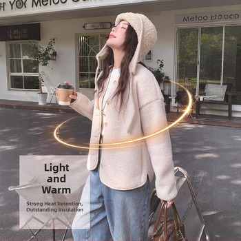 Cardigan damă din fleece Sherpa imitatie, croială lejeră, mâneci lungi, amestec poliester 95%+, căptușeală: 91.9% poliester, 5.2% elastan, 1.6% viscose, 0.7% lână de oaie, 0.6% mătase dud, Iarna 2025