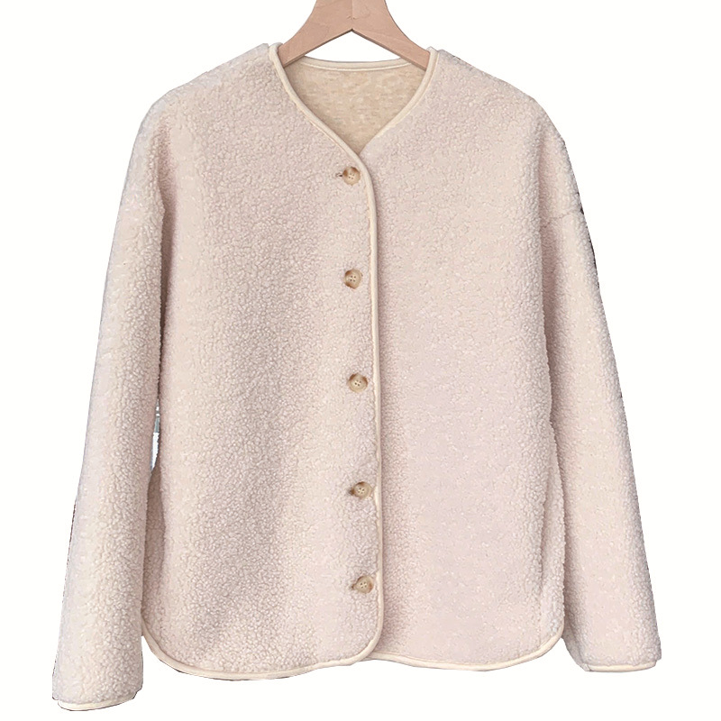 Cardigan damă din fleece Sherpa imitatie, croială lejeră, mâneci lungi, amestec poliester 95%+, căptușeală: 91.9% poliester, 5.2% elastan, 1.6% viscose, 0.7% lână de oaie, 0.6% mătase dud, Iarna 2025