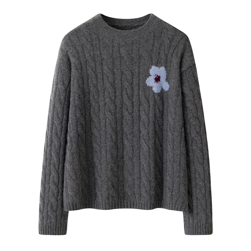 Pulover din cașmir cu glugă, tricot cu model floral răsucit, croială lejeră, guler rotund, mâneci lungi