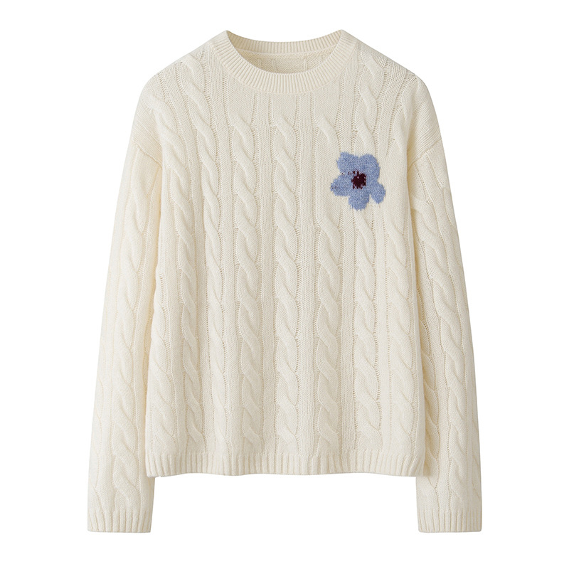 Pulover din cașmir cu glugă, tricot cu model floral răsucit, croială lejeră, guler rotund, mâneci lungi