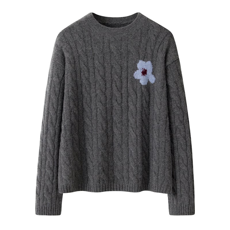 Pulover din cașmir cu glugă, tricot cu model floral răsucit, croială lejeră, guler rotund, mâneci lungi